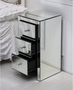3 Drawer Mirrored Nightstand, Silver Glass Bedside Table with Crystal Knobs, Fully Assembled End Table for Bedroom, Living Room, Glam Accent Furniture, 11.8" x 11.8" x 23.6"