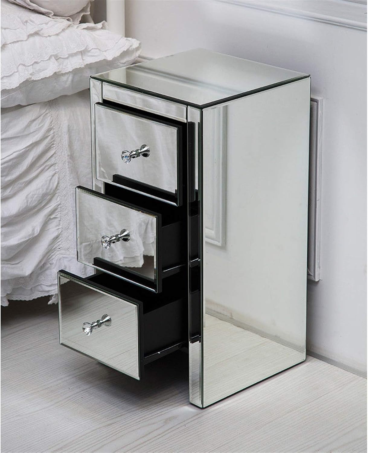 3 Drawer Mirrored Nightstand, Silver Glass Bedside Table with Crystal Knobs, Fully Assembled End Table for Bedroom, Living Room, Glam Accent Furniture, 11.8" x 11.8" x 23.6"