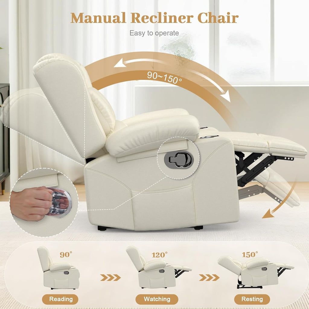 RV Recliner Chair, Oversized Reclining Loveseat Home Theater Seating with Cup Holders, Insert Pockets, Wall Hugger RV Recliners for Movie Room, Recline Movie Seats Gaming Sofa, White