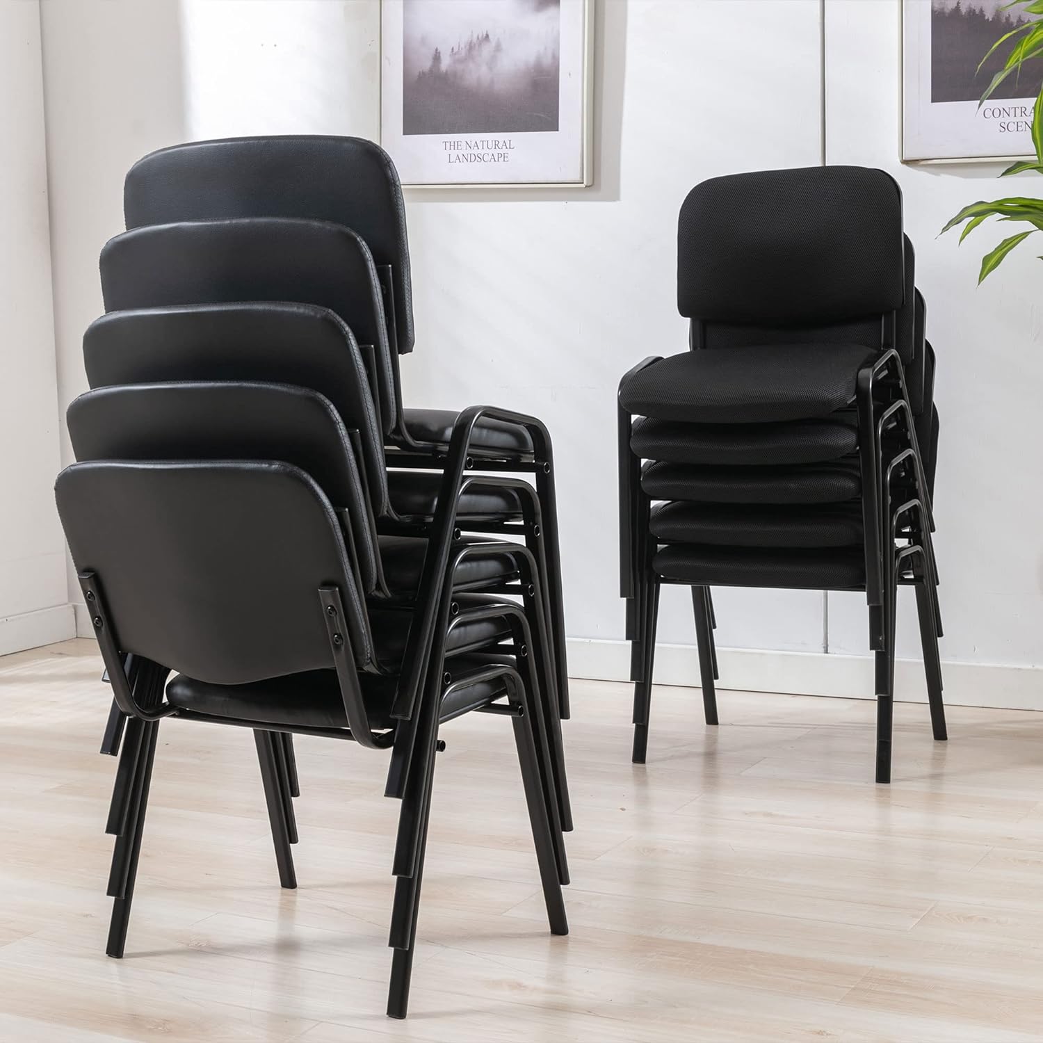 Stackable Office Guest Chairs, Reception Waiting Room Chairs with Padded Seat & Back, Armless No Wheels Conference Chairs for Training, Meeting, Lobby, Set of 5, Black Mesh Fabric