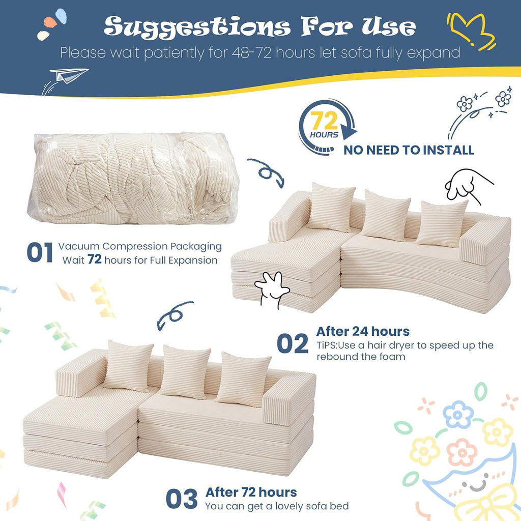 Modular Kids Play Couch, Convertible Toddler Sectional Sofa, Soft Cloud Corduroy Kids Sofa Bed with 3 Pillows, Safe No Edge Foam Play Furniture for Boys Girls Playroom Bedroom