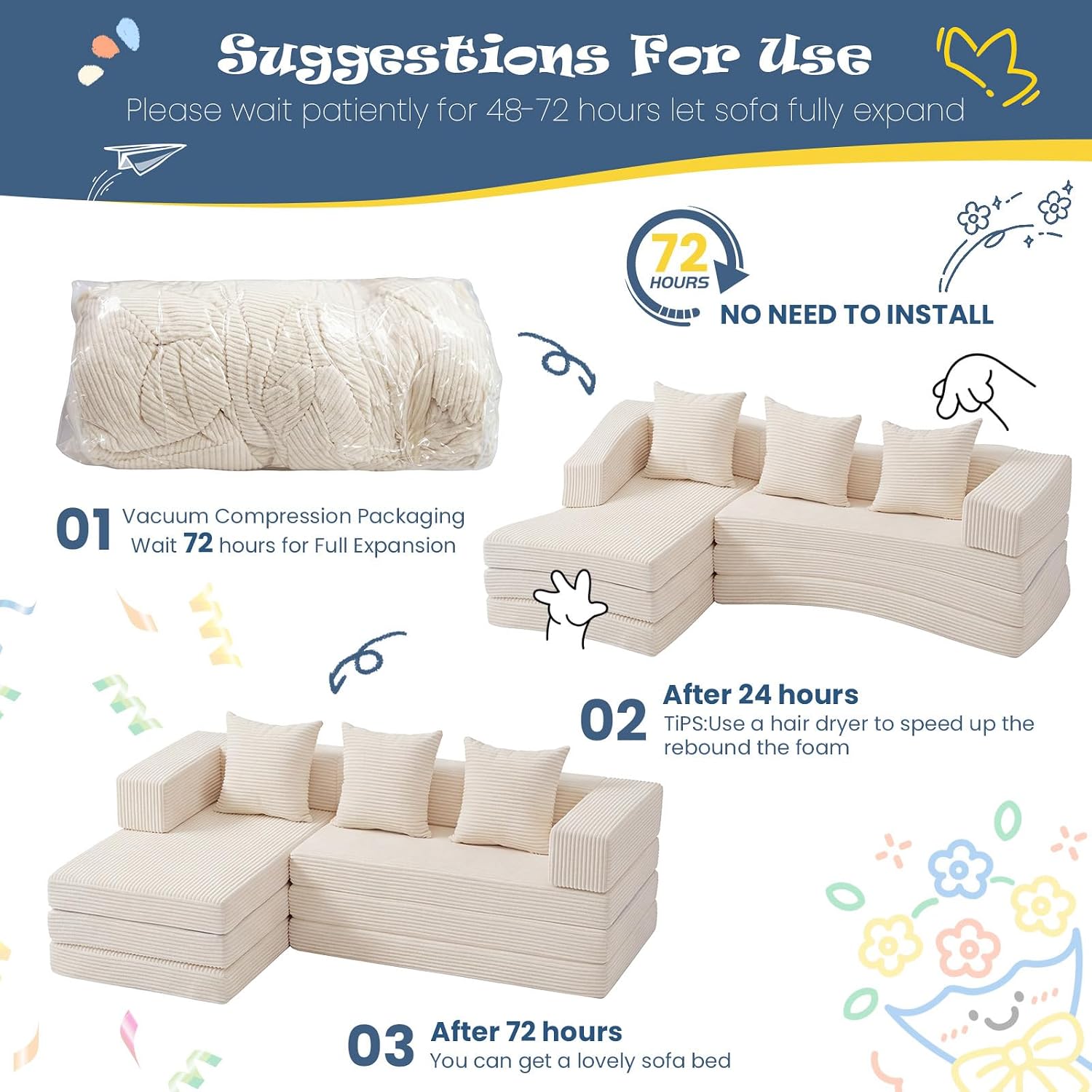 Modular Kids Play Couch, Convertible Toddler Sectional Sofa, Soft Cloud Corduroy Kids Sofa Bed with 3 Pillows, Safe No Edge Foam Play Furniture for Boys Girls Playroom Bedroom