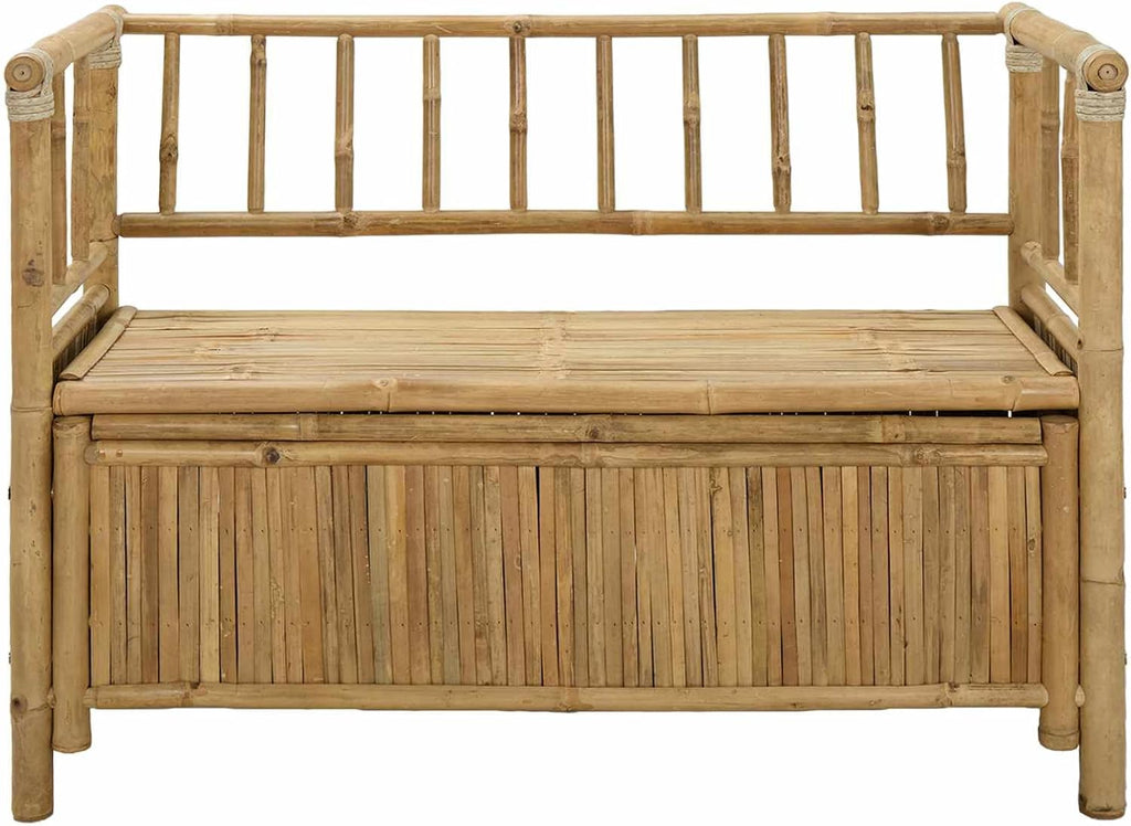 Bamboo Garden Storage Bench, 43 Inch Outdoor Patio Seating with Under Seat Hidden Compartment, Natural Wood Entryway Bench for Sunroom Backyard and Porch