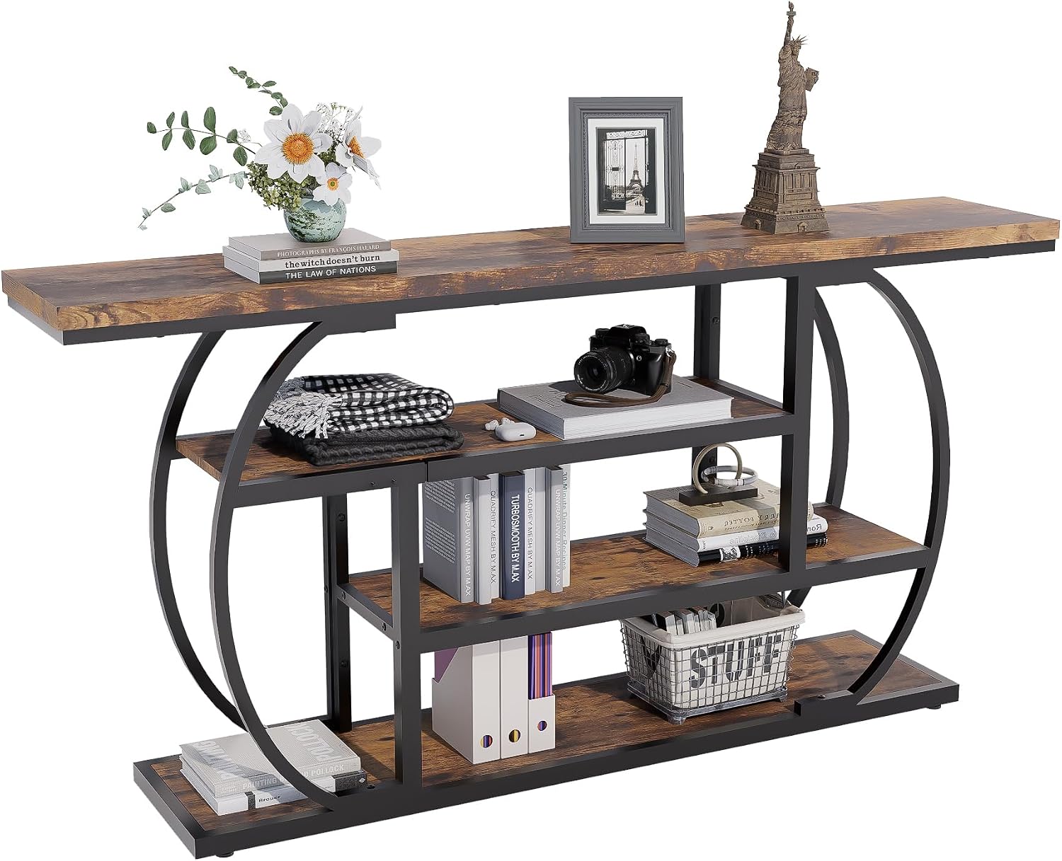 63" Narrow Console Table with Storage, 4-Tier Sofa Table Behind Couch, Industrial Entryway Accent Table with Metal Frame for Living Room, Hallway, Foyer