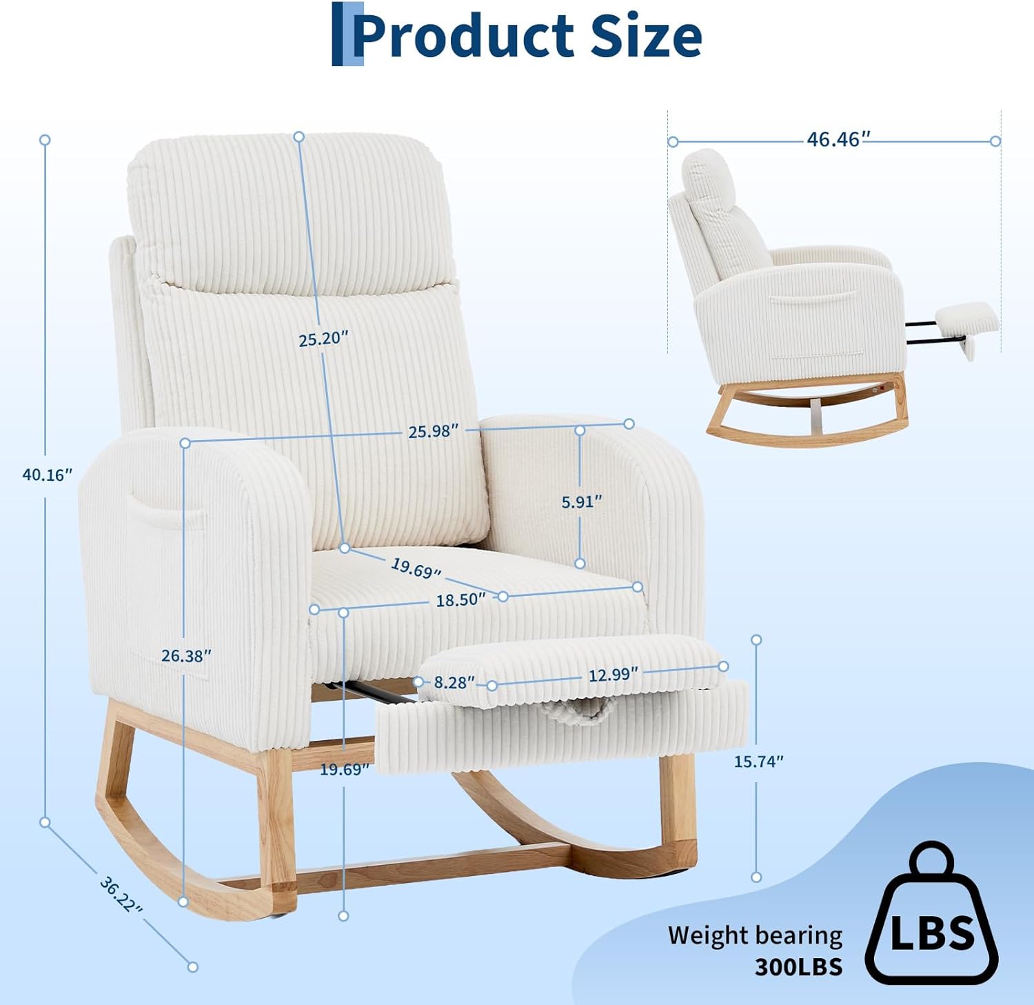 Nursery Rocking Chair, Corduroy Upholstered Rocking Chair with Adjustable Footrest, Tufted Rocker Chair with Side Pocket, Glider Rocker for Living Room, Bedroom