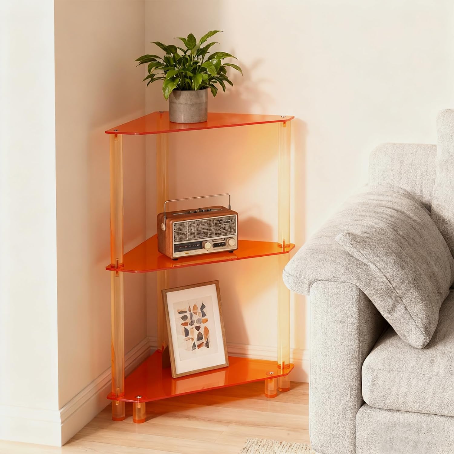 Acrylic Corner Side Table - 3 Tier Triangle End Table - Small Side Table for Living Room, Bedroom, Bathroom - 11.8'' L x 11.8'' W x 26 ''H, Orange