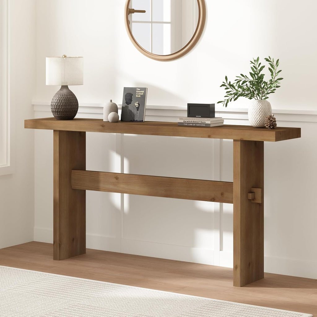 Solid Wood Console Table, 63" Farmhouse Entryway Table with Sturdy Mortise and Tenon Joints, Rustic Sofa Table for Hallway, Behind Couch, Foyer, 15 Mins Easy Assembly