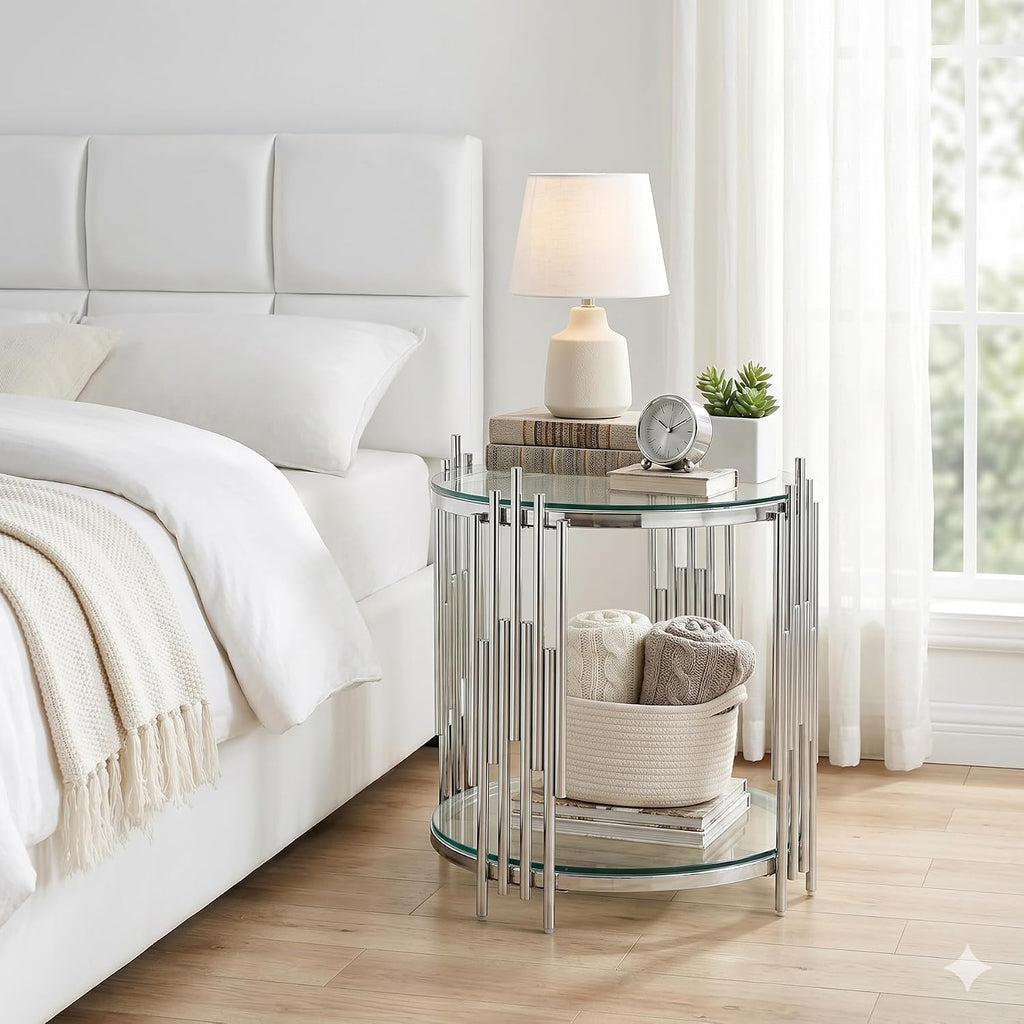 SSLine Round Glass Side Table with Silver Stainless Steel Frame Luxury Circle 2-Tier End Table for Living Room Modern Elegant Bedside Table with Storage Shelves for Home Office