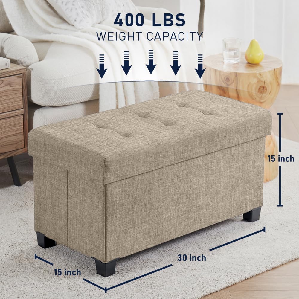 Ornavo Home 30 Inch Storage Ottoman, Large Storage Bench, Ottoman with Storage with Legs, Foot Rest Stool, Bedroom Bench - Tan/Taupe