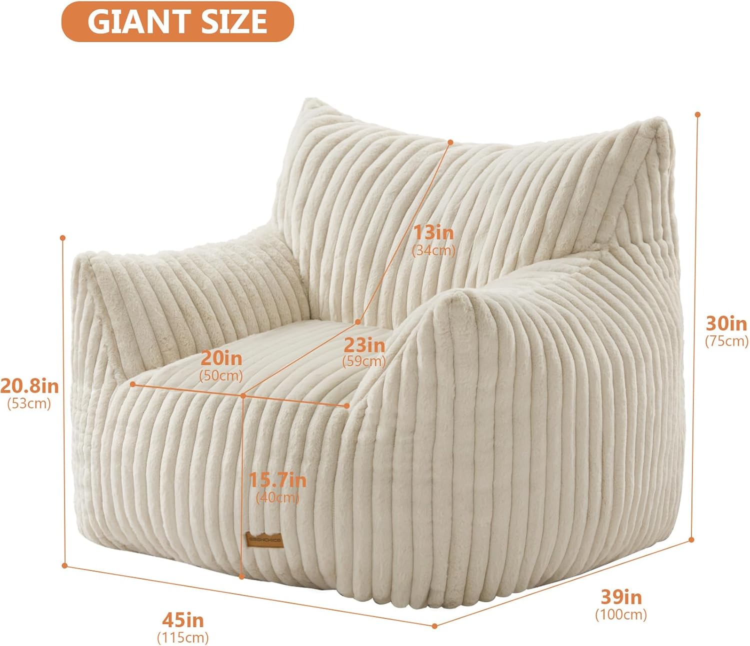 Giant Bean Bag Chair for Adults Teens with Armrest Large BeanBag Couch Sofa | with Foam Filling,Back Support,Comfy Faux Fur,Beige Plush Reading Chair Floor Sofa for Bedroom,Living room,Dorm