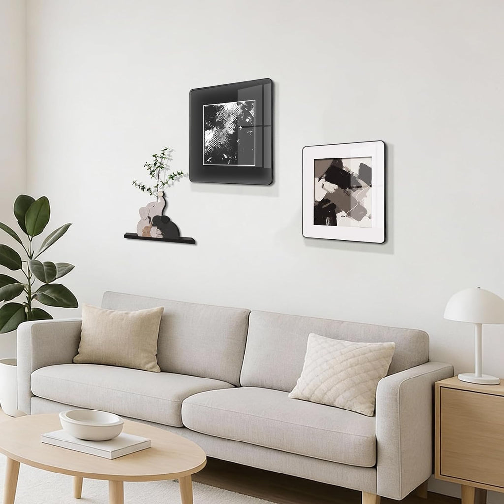 3-piece Bohemian gallery wall decoration set, 2 high-definition crystal porcelain frame abstract prints+wooden elephant sculptures+artificial green plants, soft black border frame, minimalist wall art for living room and bedroom entrances