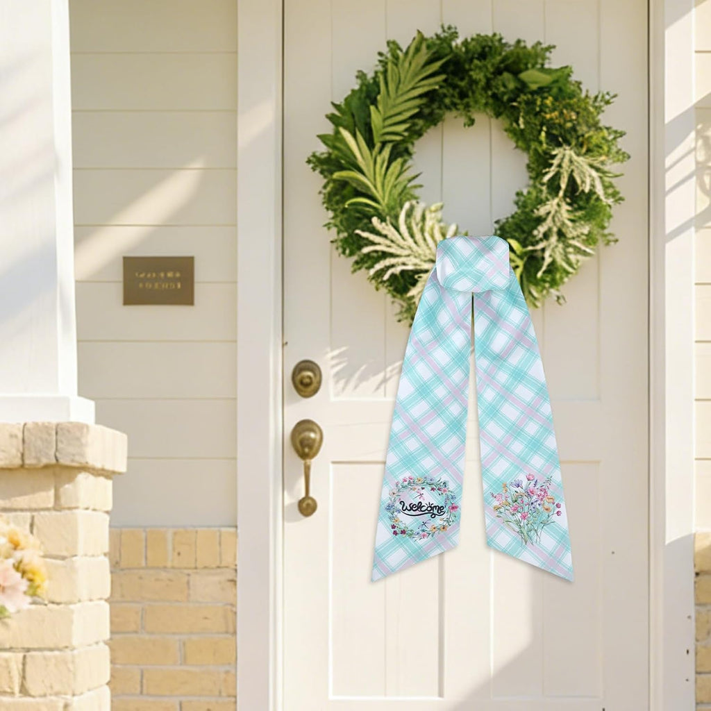 Spring Wreath Sash for Front Door - 2 Pcs Plaid Welcom Wreath Sashes with Flowers for Farmhouse Home Decor, 60 Inch Rustic Green Pink Wreaths Sash for Doorway Yard Indoor Outdoor