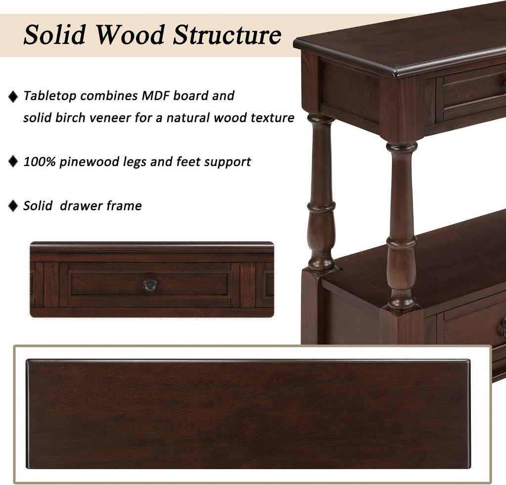 Knocbel Console Table with 6 Storage Drawers and Bottom Shelf, Vintage Sofa Table with Solid Wood Frame and Legs for Entryway Living Room, 54" W x 13.5" D x 32" H, Espresso
