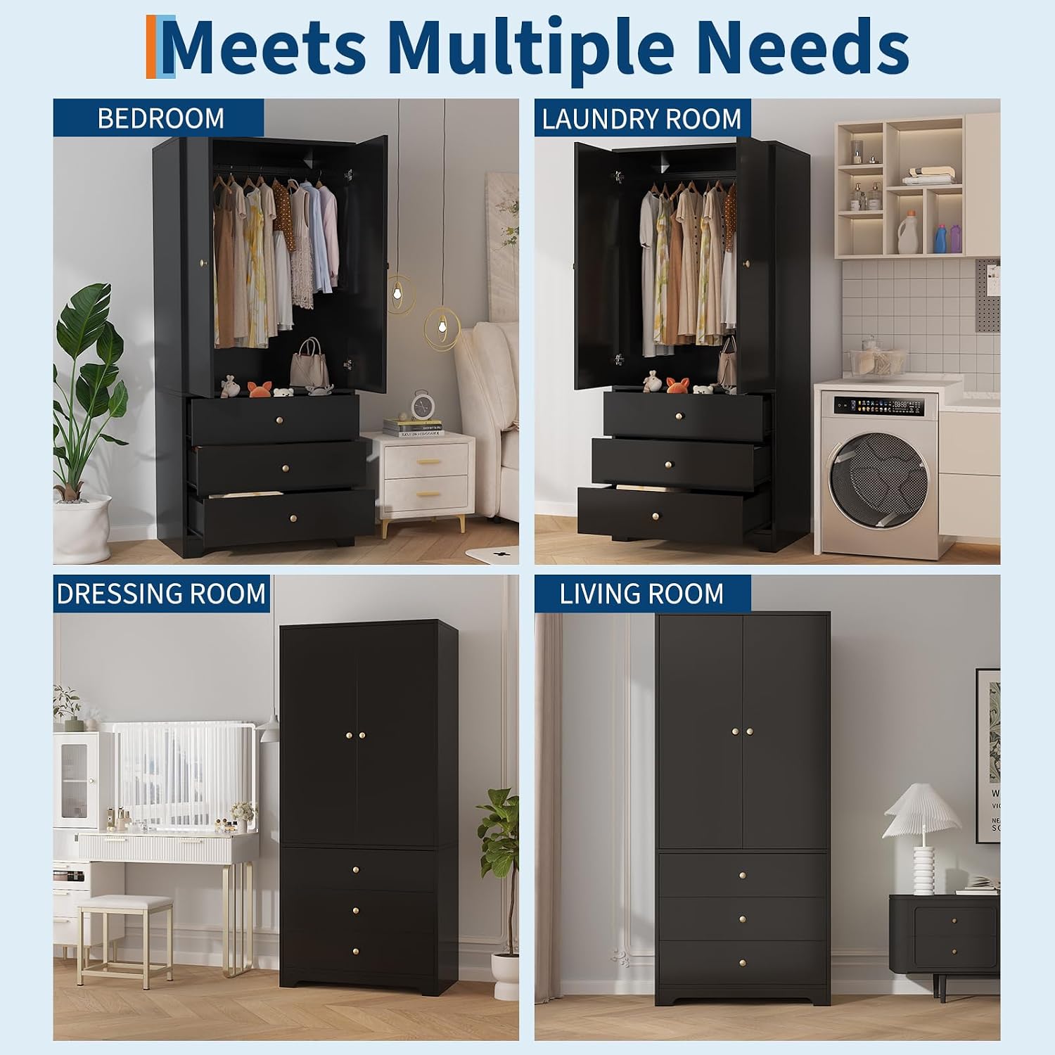 71" Armoire Wardrobe Closet, Bedroom Armoire Clothing Storage Cabinet | 3 Drawers & 2 Doors and Adjustable Shelves Modern Wooden with Aluminum Hanging Rod, Locker