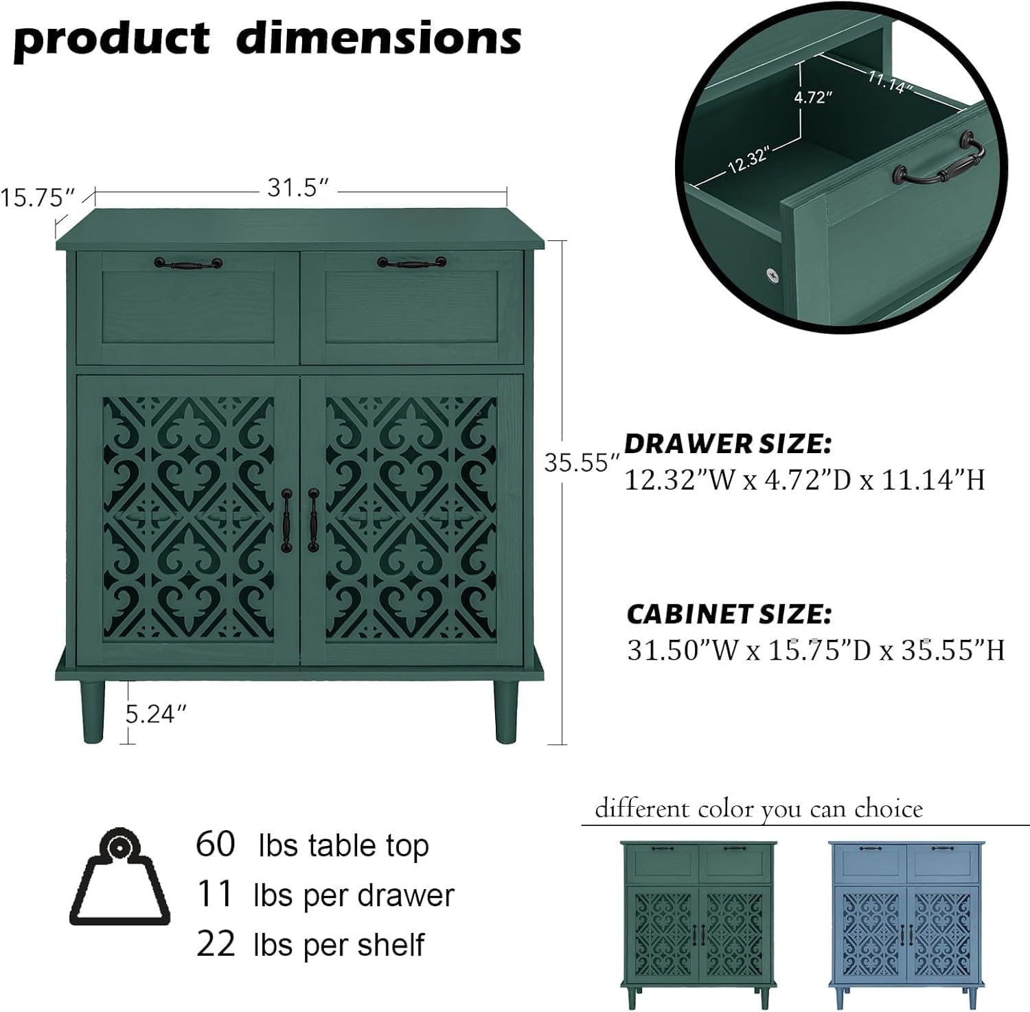 Sideboard Buffet Cabinet, American Farmhouse Green 2 Door 2 Drawer Storage Credenza, Hollow Carved, Living Room Entryway Kitchen Dining Room Console Table, Home Furniture Decor