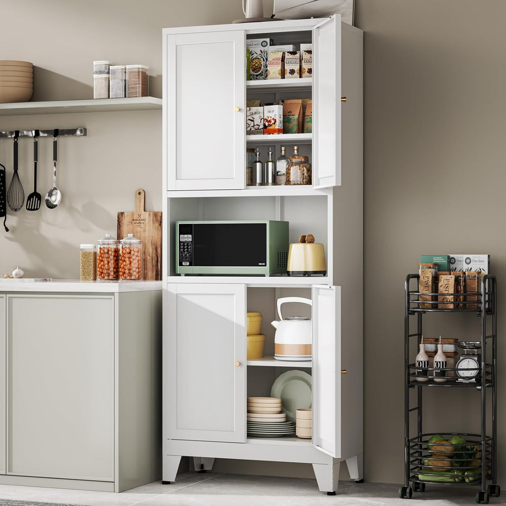 YAUWOH 69" Tall Metal Pantry Cabinet with Microwave Shelf, 4 Doors & 3 Adjustable Shelves, 120LBS Per Shelf Heavy Duty Storage Cabinet with Anti-Tip Design for Kitchen,Dining Room (1PC,White)