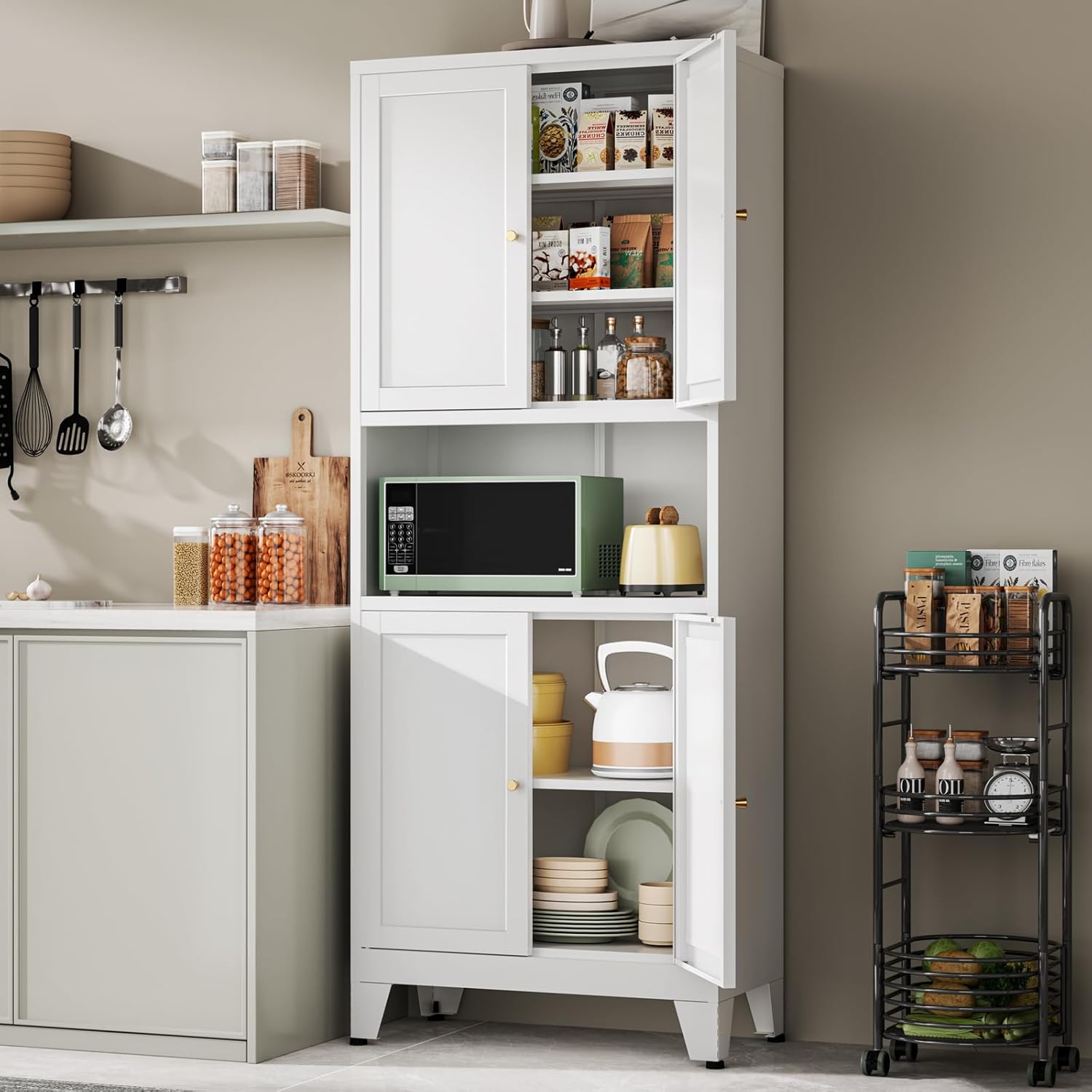 YAUWOH 69" Tall Metal Pantry Cabinet with Microwave Shelf, 4 Doors & 3 Adjustable Shelves, 120LBS Per Shelf Heavy Duty Storage Cabinet with Anti-Tip Design for Kitchen,Dining Room (1PC,White)