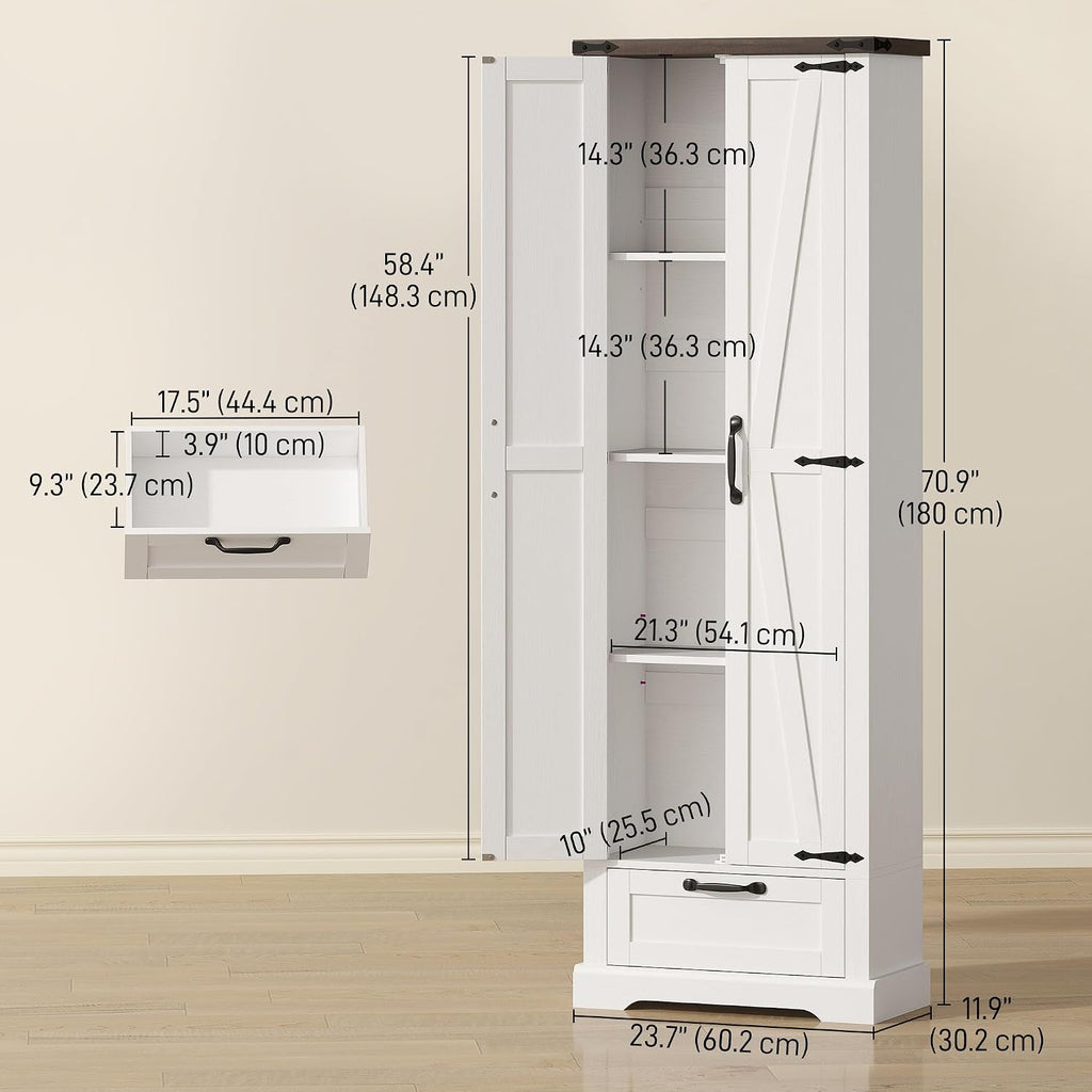 HOMCOM 71" Tall Kitchen Pantry, Farmhouse Storage Cabinet with Barn Doors, Drawer and Adjustable Shelves, Freestanding Food Pantry Cabinet for Kitchen, Dining Room, White