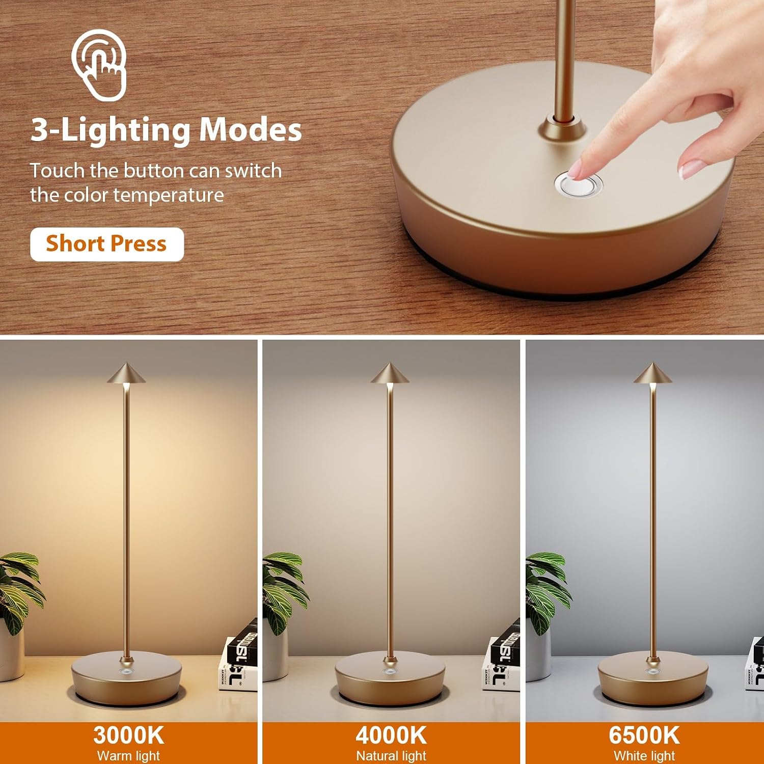 Cordless Table Lamps Rechargeable, 6000mAh Battery Operated LED Table Lamp, Up to 72 Hours Runtime, IP54 Waterproof, 3 Color Dimming for Restaurant, Dining Table & Outdoor, Bronze, Set of 2