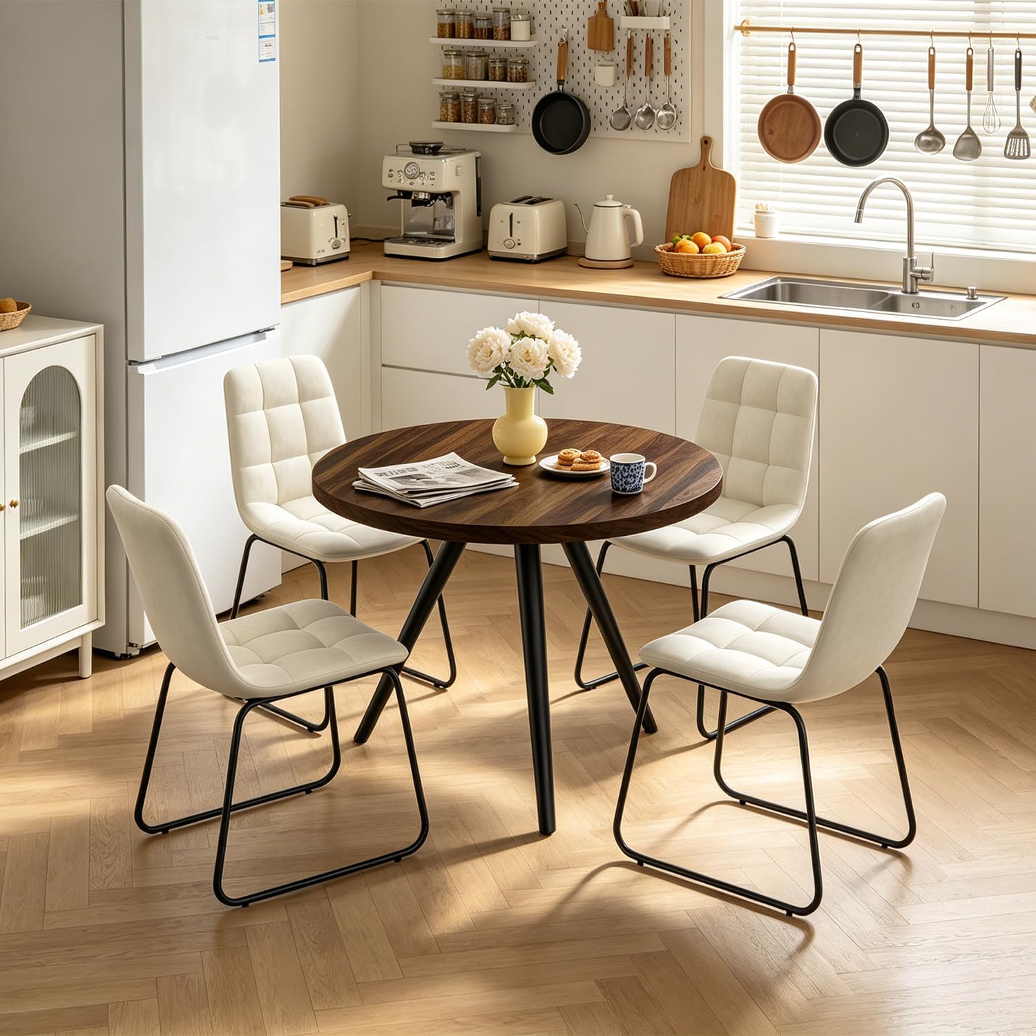 34.6" Round Dining Table Set for 4, Modern Kitchen Coffee Table Set with 4 Faux Leather Chairs, MDF Small Space Saving Dining Room Table and Chairs Set (Walnut Table+4 Beige U-Shaped Chairs)