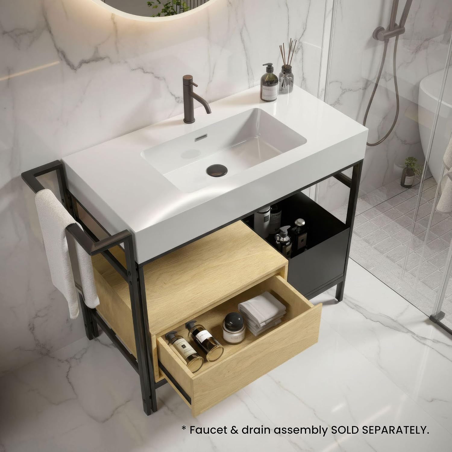 36" Bathroom Console Sink with Metal Legs, Bathroom Vanity with White Sink, Storage Drawer and Metal Basket, Utility Sink for Hotel, Laundry Room, Garage, Basement