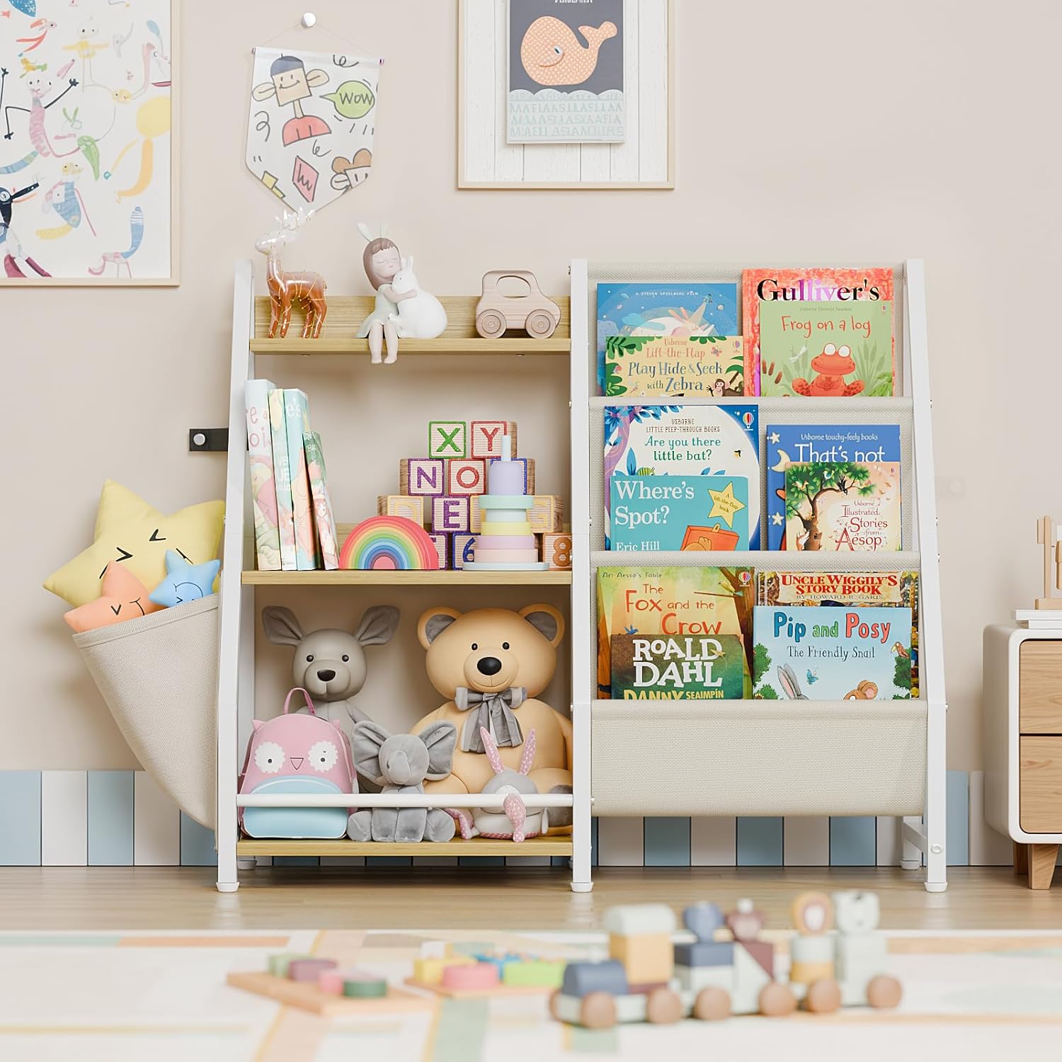 LATIBELL 3 Tier Kids Bookshelf and Toy Storage, Kids Bookcase Book Sling Shelf, Montessori Baby Toddler Bookshelf, Toy Storage Organizer, for Playroom, Bedroom, Nursery (Burlywood)
