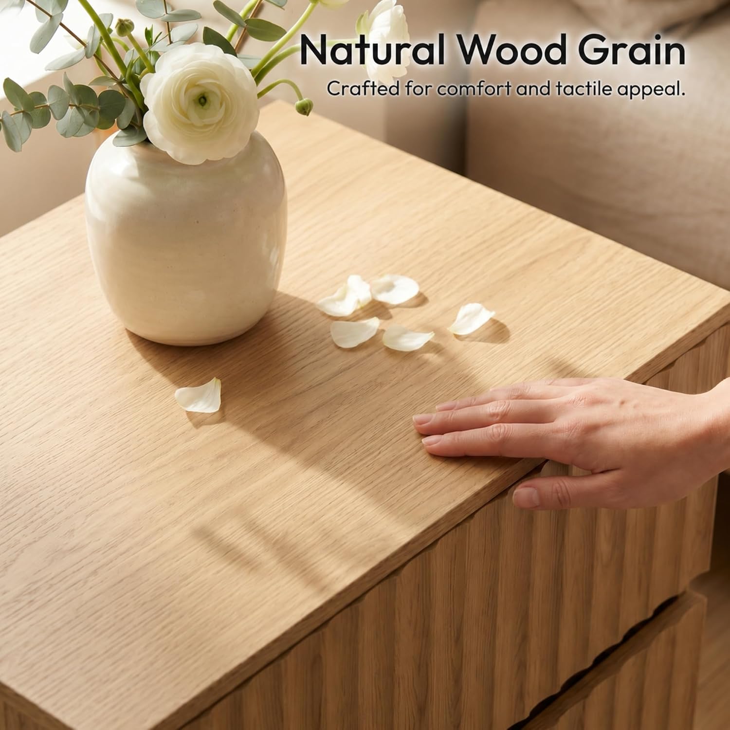 Fluted Nightstand with 2 Drawers, 23.6-Inch Wide, Natural Oak | Modern bedside table for a calm, organized bedroom; ribbed fronts, light wood tones and handleless lines add Japandi appeal