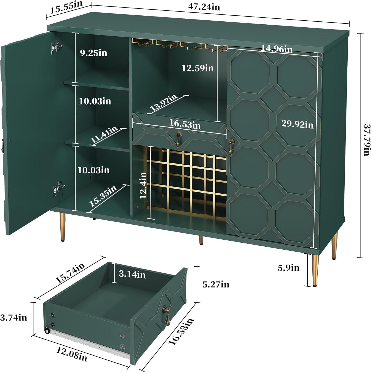 Modern Bar Cabinet with Drawer, Liquor Cabinet with Wine Glass Racks and Shelves, Geometric Door Buffet Sideboard for Dining Room, Living Room, Kitchen, Green