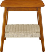 Geelife 23" Mid-Century Side Table with Woven Shelf, Boho Side Table with Storage