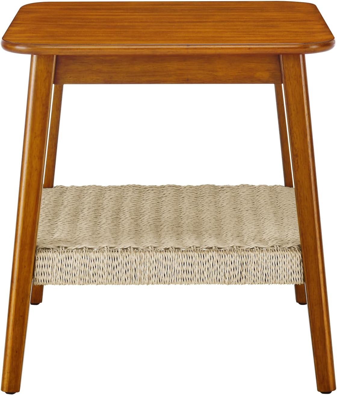 Geelife 23" Mid-Century Side Table with Woven Shelf, Boho Side Table with Storage