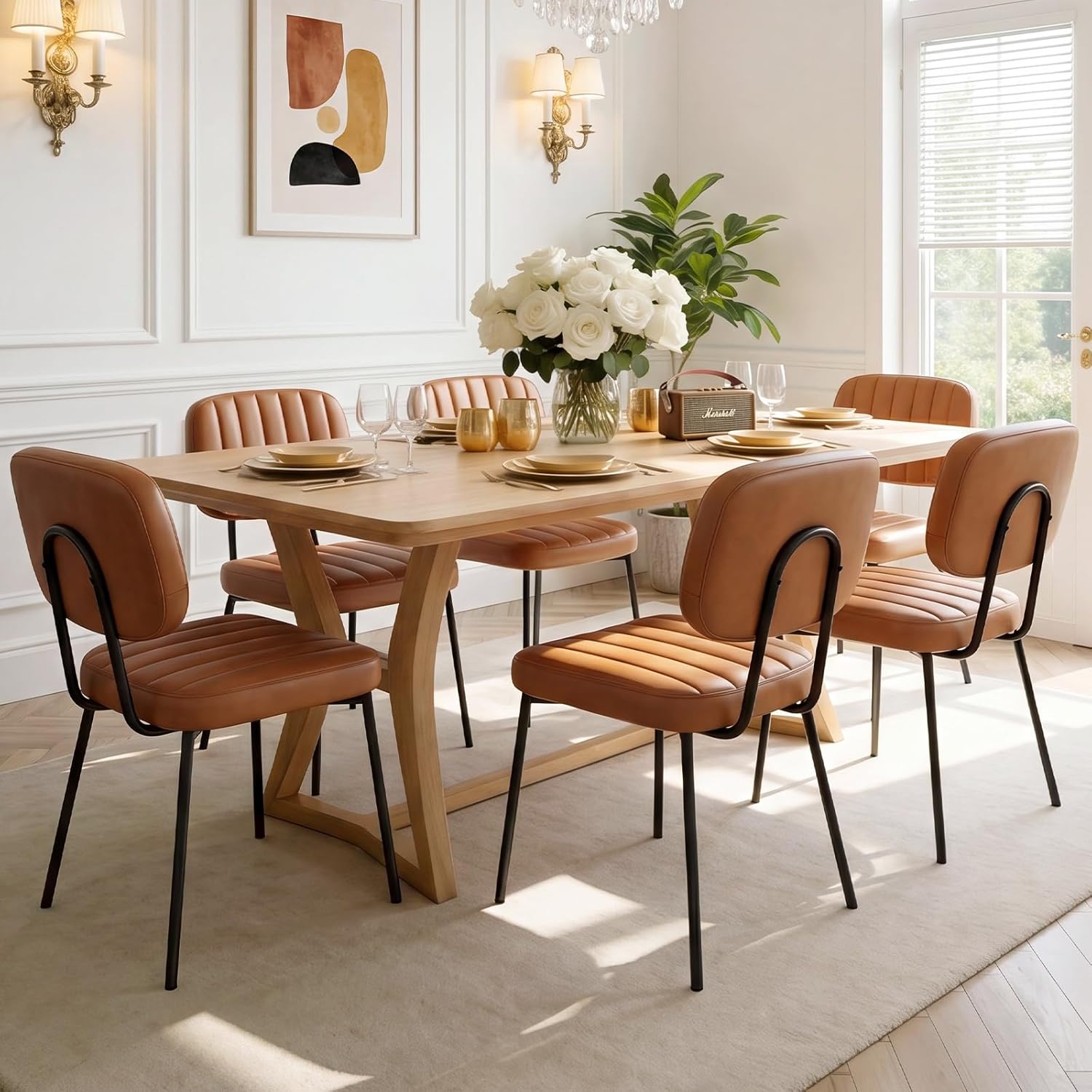 OLIXIS Dining Chairs Set of 6, Modern Upholstered Mid Century Kitchen Chairs with Faux Leather Cushion Seat, Backrest & Metal Legs for Living Room, Bedroom, Home Office, Brown