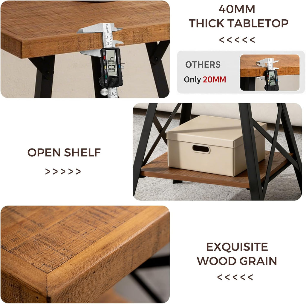 Solid Wood End Table, 2 Tier Square Side Table with Storage Shelf, Solid Pine Top, Sturdy Metal Legs Nightstand for Small Spaces, Living Room, Bedroom, 20 x 20 x 24.8 in, Rustic Brown