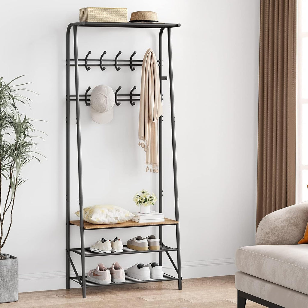 Jojoka Coat Rack Hall Tree with Shoe Storage Bench, 4-in-1 Entryway Organizer with 10 Hooks & 3-Tier Shoe Rack, Sturdy Metal Frame Freestanding Storage Unit for Hallway (Brown-Double Row, 25.2in)