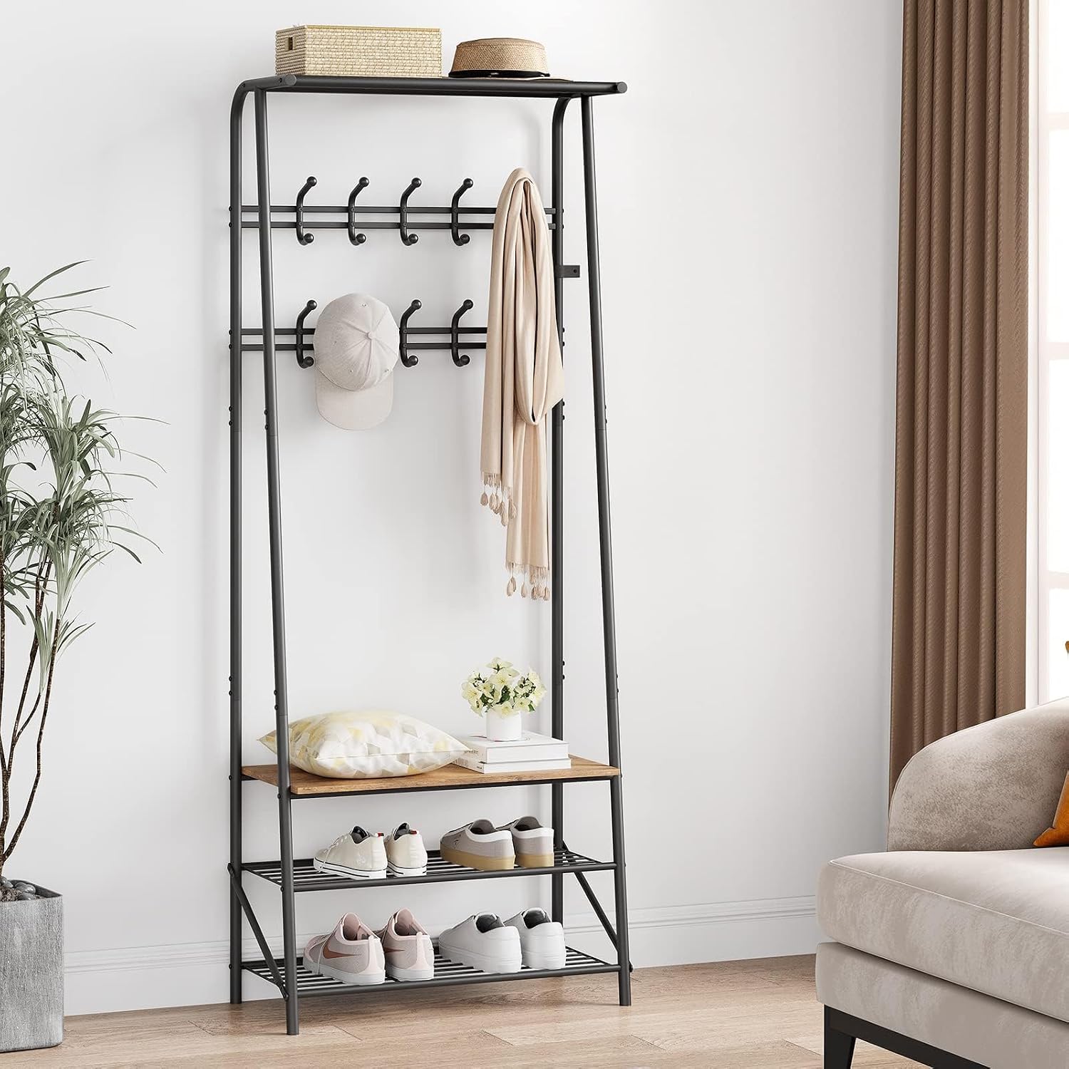 Jojoka Coat Rack Hall Tree with Shoe Storage Bench, 4-in-1 Entryway Organizer with 10 Hooks & 3-Tier Shoe Rack, Sturdy Metal Frame Freestanding Storage Unit for Hallway (Brown-Double Row, 25.2in)
