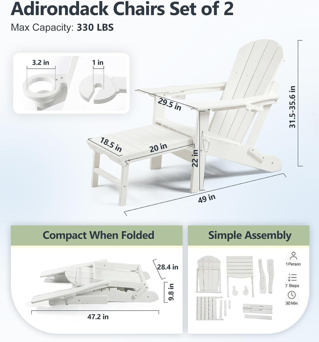 PASAMIC Folding Adirondack Chairs Set of 2 with Retractable Ottoman, 5-Position Adjustable Backrest, HDPE All-Weather Fire Pit Chairs with 2 Hidden Cup Holders, Wood-Look Outdoor Chairs, White