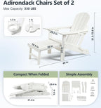PASAMIC Folding Adirondack Chairs Set of 2 with Retractable Ottoman, 5-Position Adjustable Backrest, HDPE All-Weather Fire Pit Chairs with 2 Hidden Cup Holders, Wood-Look Outdoor Chairs, White