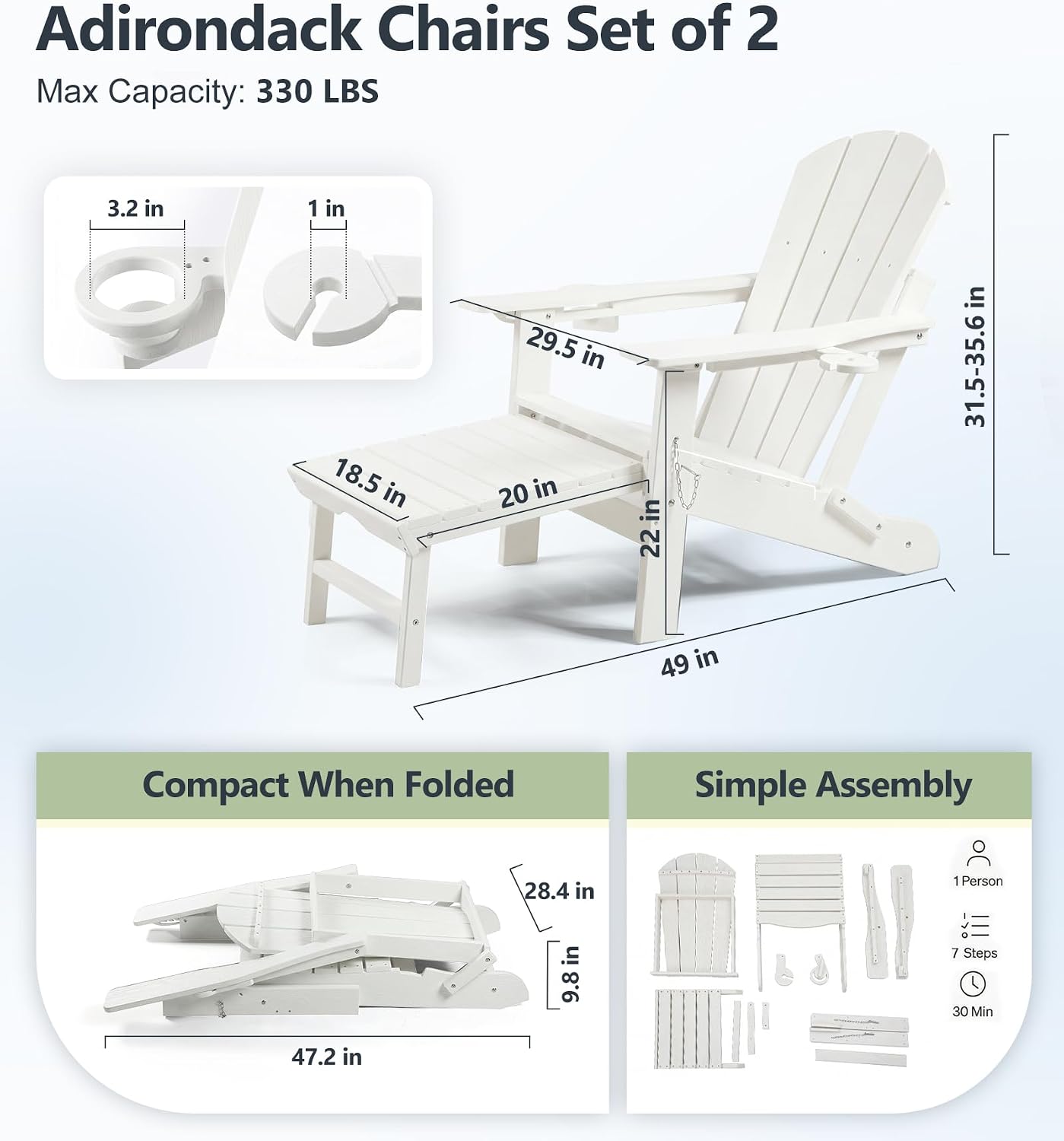 PASAMIC Folding Adirondack Chairs Set of 2 with Retractable Ottoman, 5-Position Adjustable Backrest, HDPE All-Weather Fire Pit Chairs with 2 Hidden Cup Holders, Wood-Look Outdoor Chairs, White