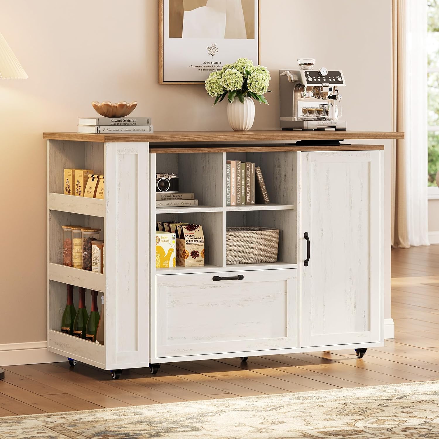 72" Rolling Kitchen Island with 360° Swivel Table & Power Outlet, Farmhouse Mobile Island Table with Storage Cabinet on Wheels, Wood Island Cart with Spice Rack for Kitchen,Dining Room,White