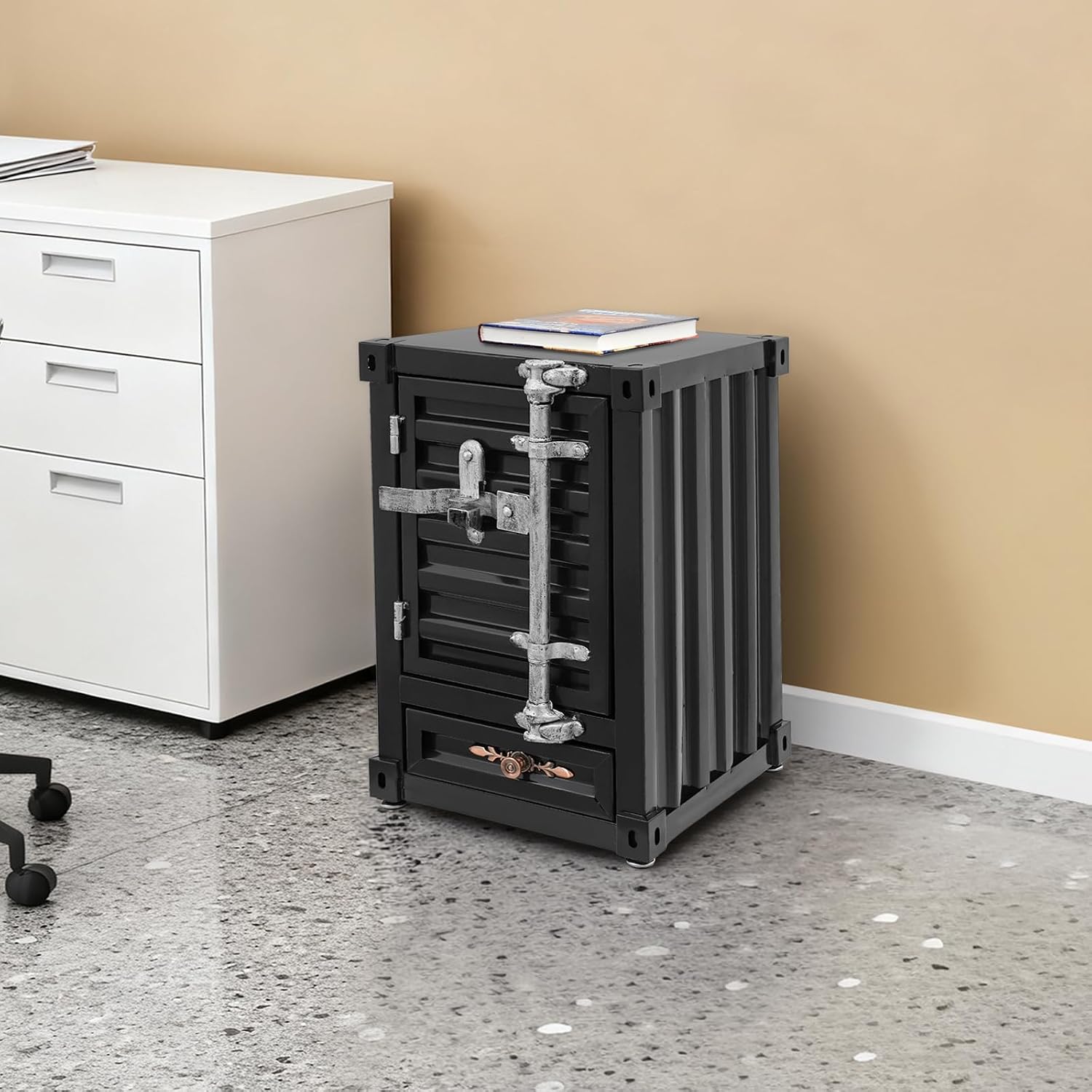 Industrial Wind Bedside Table, Container Style Locker Wrought with 2 Compartments and 1 Drawer, Iron Bilayer Side Table for Bedroom, Living Room, Office - Black