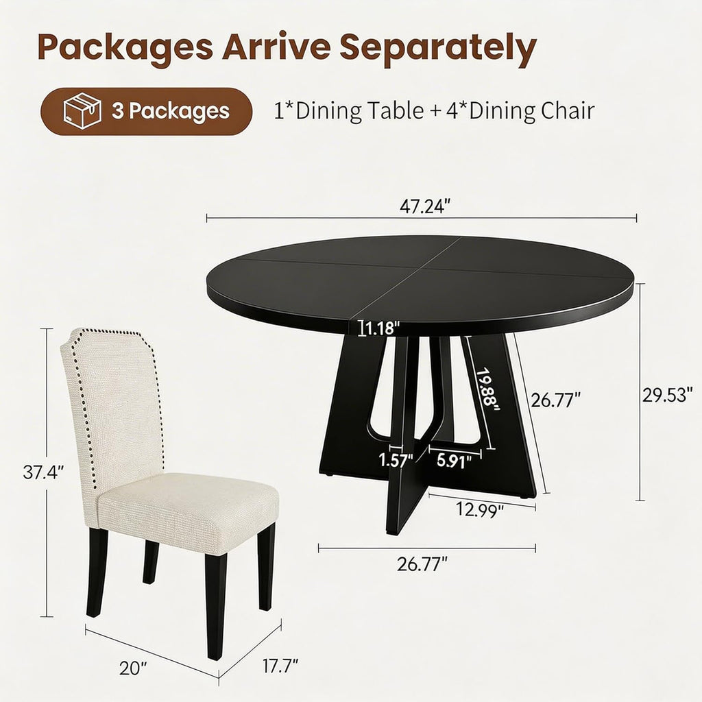 GAOMON 3-Piece 47.24" Round Dining Table Set with 2 Upholstered Dining Chairs, Space-Saving Kitchen Table for 4-6, Compact Dinette Set for Apartment, Living Room, Small Space, Dining Room
