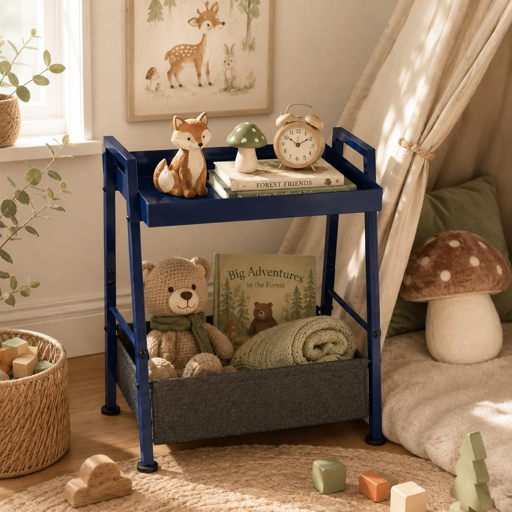 Small End Table with Fabric Storage Basket, 2-Tier Modern Metal Side Table with Tray Top, Unique Side Tables, Cute Coffee Table for Living Room, Bedroom, and Small Spaces, Navy Blue