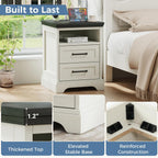 DUMOS Farmhouse Nightstand with Charging Station & USB Ports, Wood Bedside Table with 2 Spacious Storage Drawers and Open Shelf, Minimalist Modern End Table for Bedroom, White