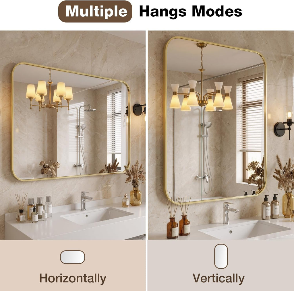 12x16 Inch Bathroom Mirrors for Over Sink, Brushed Gold Rectangle Mirror for Bathroom or Entryway, Wall Mounted Vanity Mirror with Aluminum Alloy Frame & Tempered Glass, Hangs Horizontally/Vertically