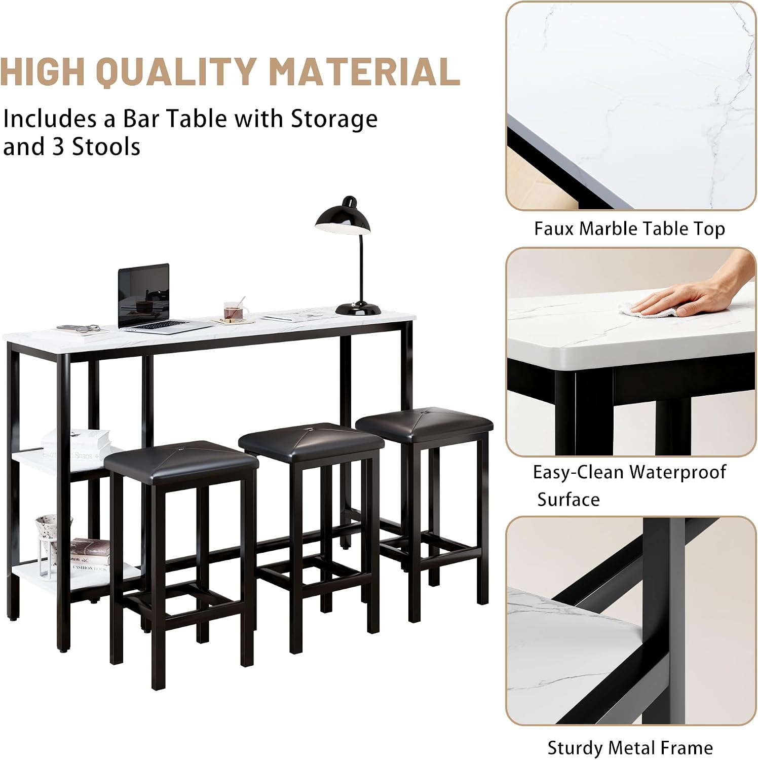 uhomepro 4-Piece Kitchen Bar Table Set with Storage Shelves - 57.1” Sofa Table with Stools, Simple Style, Easy Assembly, Perfect for Small Spaces, Restaurants, and Studio Apartments (White+Black)