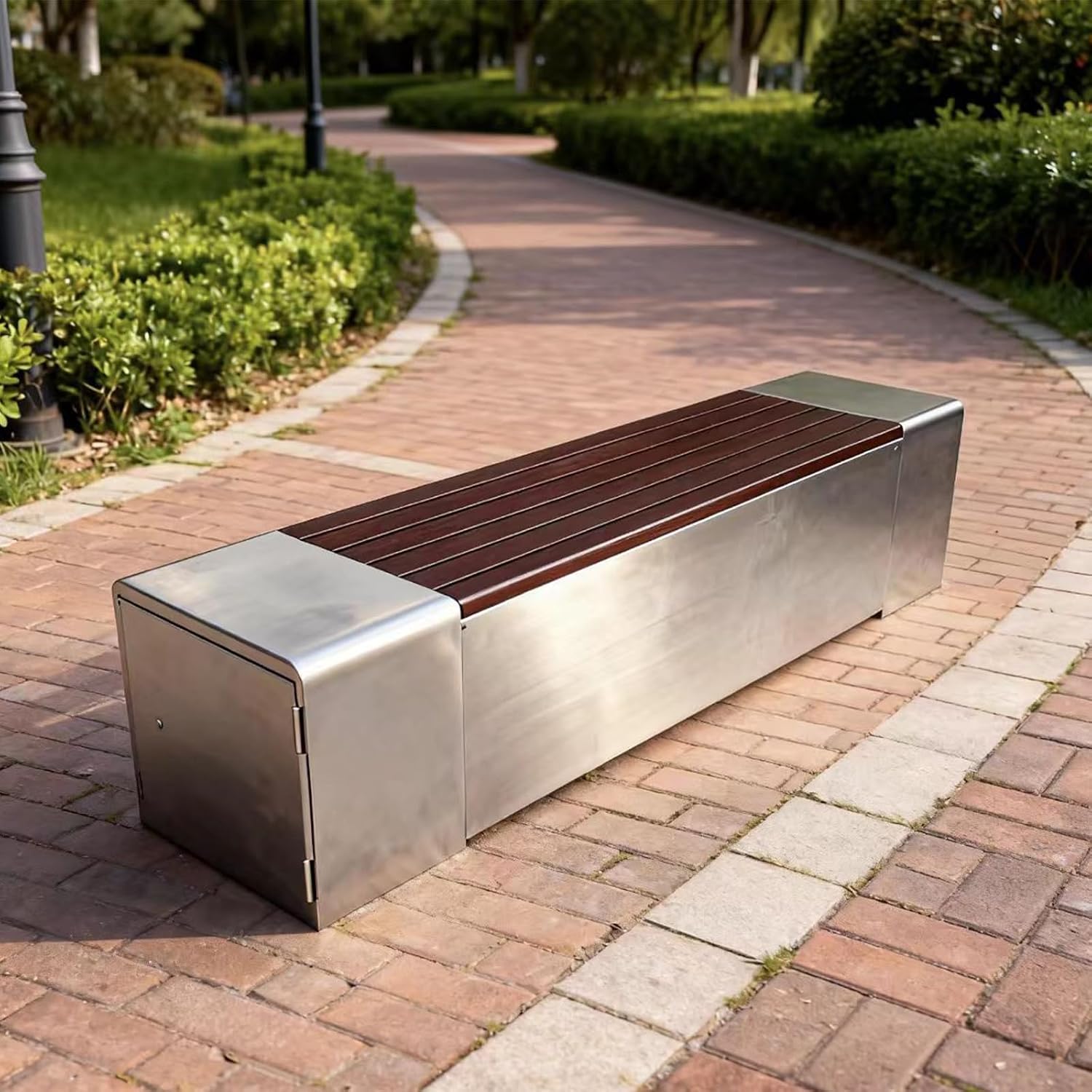 Outdoor Bench with Storage Function, Featuring Solid Wood seat and Metal Frame, with Doors on Both Sides, Suitable for Parks, patios, and porches 120cm