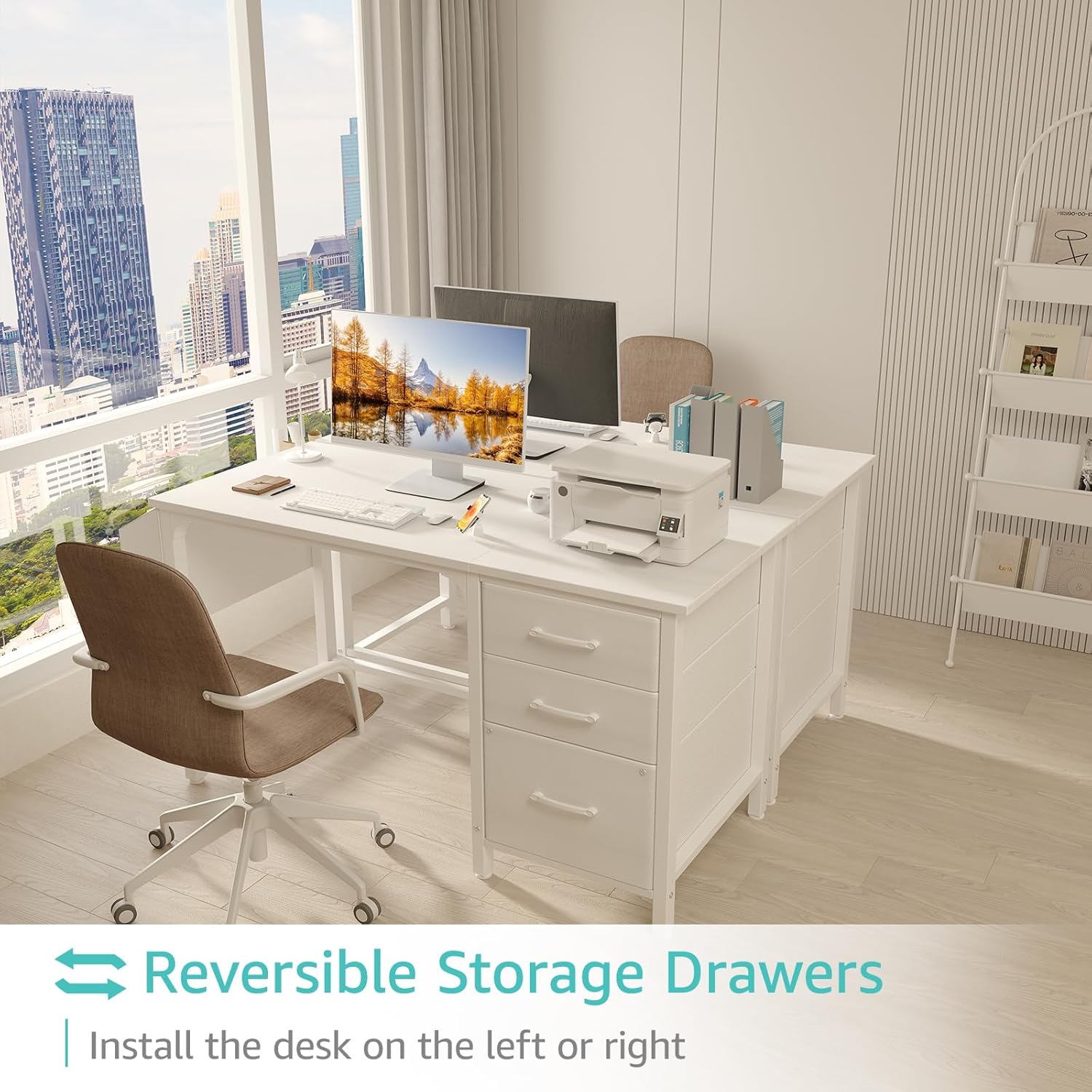 Lufeiya White Desk with File Drawers Cabinet, 47 Inch Reversible Computer Desk with Fabric Filing Cabinet for Bedroom Small Space Home Office, Modern Writing Table PC Desks, White