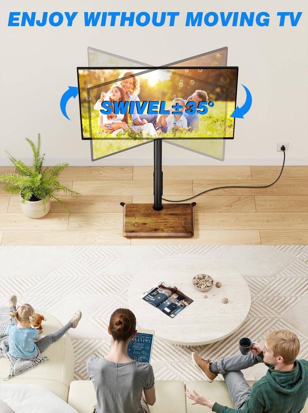 Rfiver Swivel Floor TV Stand with Power Outlet for 32-60 inch TVs, Height Adjustable Tall TV Stand with Wood Base, Hold Up to 88lbs, Saving Space Design for Bedroom, Living Room and Corner (Brown)
