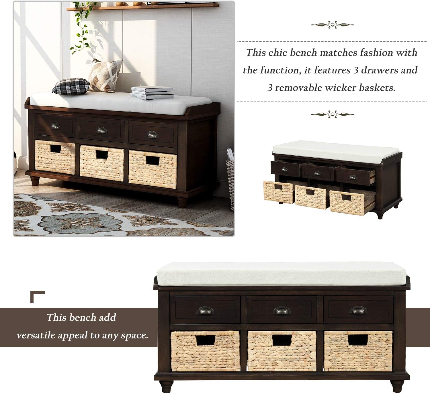 Rustic Storage Bench Narrow Entryway Bench with 3 Drawers and 3 Rattan Baskets Shoe Bench for Hallway Living Room Entryway Espresso Easy Assembly 42.1''× 15.40''× 21''