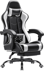 GUNJI Gaming Chair, Computer Chair with Footrest and Lumbar Support, Gaming Chair with Adjustable Reclining Angle, 360° Swivel Seat and Headrest,Thickened for Office and Video Games, White