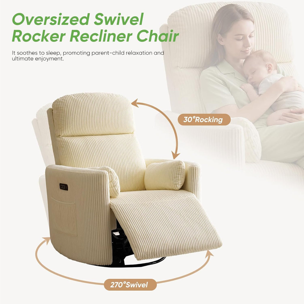 Oversized Power Recliner with Massage and Heat, Swivel Rocker Recliner with Adjustable Headrest, Glider Recliner Nursery Chair with 2 Pillows, rocking nursery recliner for Living Room,Corduroy Beige